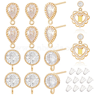 12Pcs 2 Style Flat Round & Teardrop Brass Cubic Zirconia Stud Earring Findings, with Loops and 20Pcs Plastic Ear Nuts, Real 18K Gold Plated, 9.5x5~7mm, Hole: 1~1.4mm, Pin: 0.8~0.9mm, 6Pcs/style(ZIRC-BC0001-24)