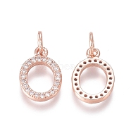 Brass Micro Pave Clear Cubic Zirconia Charms, with Jump Rings, Oval, Rose Gold, 12.5x9x2mm, Jump Ring: 5x0.7mm, Inner Diameter: 3.6mm(ZIRC-I036-07RG)