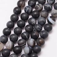 Natural Striped Agate/Banded Agate Bead Strands, Round, Grade A, Frosted, Dyed & Heated, Black, 10mm, Hole: 1mm, about 37pcs/strand, 15 inch(G-K166-12-10mm-03)