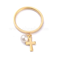 Dual-use Items, 304 Stainless Steel Finger Rings or Pendants, with Plastic Round Beads, Cross, White, Golden, US Size 5~9(15.7~18.9mm)(RJEW-O045-17-G)