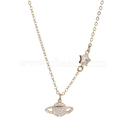 Planet Brass Cubic Zirconia Pendant Necklace, Brass Cable Chains, Golden, 15.75 inch(400mm)(NJEW-JN04936)