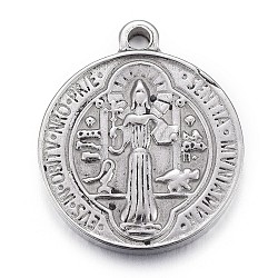 304 Stainless Steel Pendants, Flat Round with Saint Benedict Medal, Antique Silver, 23.5x20x3mm, Hole: 2mm(STAS-P218-01)