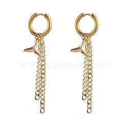 304 Stainless Steel Huggie Hoop Earrings, Hypoallergenic Earrings, with Brass Pendants & Curb Chains, Whale Tail Shape, Golden, 78mm, Pin: 1mm(EJEW-JE04226-01)