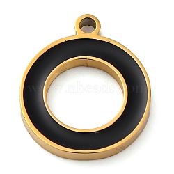 304 Stainless Steel Enamel Charms, Round Ring Charm, Golden, Ion Plating(IP), Black, 14x12x2mm, Hole: 1.4mm(STAS-M105-15G)