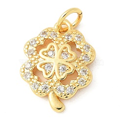 Brass Micro Pave Cubic Zirconia Pendants, Clover Charms, with Jump Ring, Real 18K Gold Plated, 16x12x2.5mm, Hole: 3mm(KK-U053-21G)