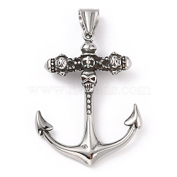 304 Stainless Steel Pendants, with 201 Stainless Steel Snap on Bails, Anchor with Skull Charm, Antique Silver, 43x32x7mm, Hole: 9x4mm(STAS-A083-06AS)