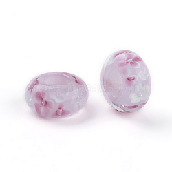 Handmade Lampwork Beads, Large Hole Beads, Rondelle with Flower, Pink, 14x6.5mm, Hole: 6mm(LAMP-J088-F04)
