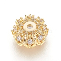 Multi-Petal Brass Micro Pave Cubic Zirconia Bead Caps, Flower, Clear, Real 18K Gold Plated, 10x4mm, Hole: 1.2mm(ZIRC-F088-038G)