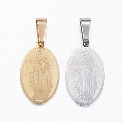 304 Stainless Steel Pendants, for Mothers' Day, Flat Oval with Virgin Mary & Divine Child, Mixed Color, 22x13x1mm, Hole: 8x4mm(STAS-H355-26)