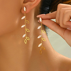 Fringed Plastic Pearl Leaf Stud Earrings for Elegant Ladies Party Jewelry, Golden, 70x4.2mm(NT4141)