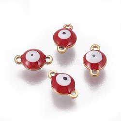 Ion Plating(IP) 304 Stainless Steel Enamel Links connectors, Flat Round with Evil Eye, Golden, FireBrick, 9.5x6x3.5mm, Hole: 1.2mm(STAS-F206-02G-A08)