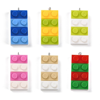 Resin Pendants, with Platinum Iron Loop, Toy Bricks, Mixed Color, 36x15.5x8mm, Hole: 2.6mm