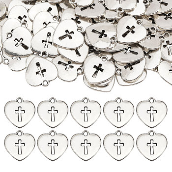 120Pcs Tibetan Style Alloy Pendants, Heart with Cross, Antique Silver, 16.5x16x1.5mm, Hole: 1.5mm