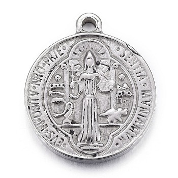 304 Stainless Steel Pendants, Flat Round with Saint Benedict Medal, Antique Silver, 23.5x20x3mm, Hole: 2mm
