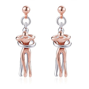 Hug Jewelry, Brass Embrace Couple Dangle Stud Earrings for Valentine's Day, Platinum & Rose Gold, 34.5x9.7mm, Pin: 0.7mm