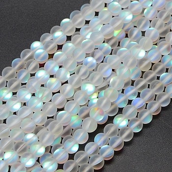 Synthetic Moonstone Beads Strands, Holographic Beads, Half AB Color Plated, Frosted, Round, White, 6mm, Hole: 1mm, about 60pcs/strand, 15 inch