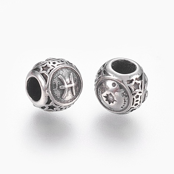 316 Surgical Stainless Steel European Beads, Large Hole Beads, Rondelle, Pisces, Antique Silver, 10x9mm, Hole: 4mm