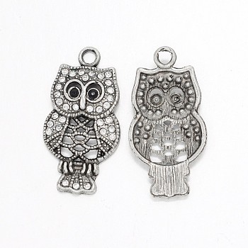 Antique Silver Alloy Rhinestone Owl Pendants for Halloween Jewelry, Crystal, 33x17x4mm, Hole: 2mm