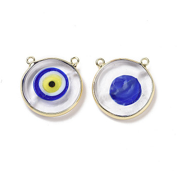Handmade Lampwork Pendants, with Golden Plated Brass Findings, Cadmium Free & Lead Free, Flat Round with Evil Eye, Blue, 21x21x4.5mm, Hole: 1.5mm