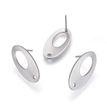 304 Stainless Steel Stud Earring Findings, Oval, Stainless Steel Color, 22x11mm, Hole: 1.6mm, Pin: 0.7mm