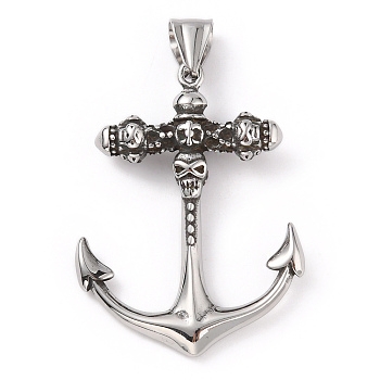 304 Stainless Steel Pendants, with 201 Stainless Steel Snap on Bails, Anchor with Skull Charm, Antique Silver, 43x32x7mm, Hole: 9x4mm