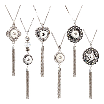 5Pcs 5 Style Interchangeable Alloy Snap Button Necklace Making, Tassel Necklace, Antique Silver & Platinum, 27-3/4~28-3/8 inch(70.5~72cm), 1pc/style