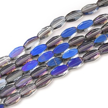 Transparent Electroplate Glass Beads Strands, Faceted, Oval, Half Rainbow Plated, Royal Blue, 10.5x6x3mm, Hole: 1.2mm, about 50pcs/Strand, 21.26''(54cm)