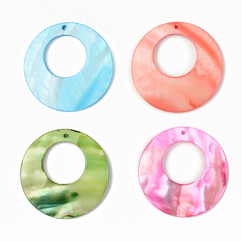 Natural Freshwater Shell Pendants, Flat Round, Dyed, Mixed Color, 44~45x3~4mm, Hole: 1.6mm