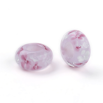 Handmade Lampwork Beads, Large Hole Beads, Rondelle with Flower, Pink, 14x6.5mm, Hole: 6mm