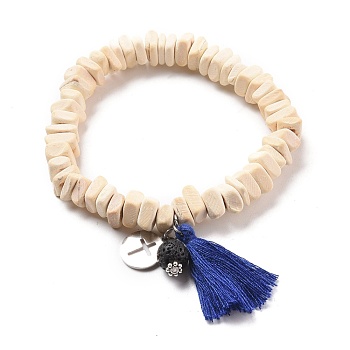 Stretch Charm Bracelets, with Coconut Beads, Natural Lava Rock Beads, 304 Stainless Steel Charms and Cotton Thread Tassels, Flat Round with Cross, Midnight Blue, Inner Diameter: 2-1/8 inch(5.4cm)