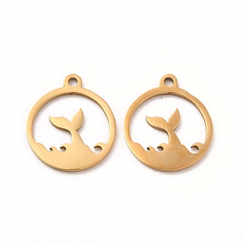 201 Stainless Steel Pendants, Flat Round with Mermaid Tail Shape Charms, Golden, 16x13.5x1mm, Hole: 1mm