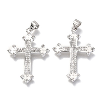 Brass Micro Pave Clear Cubic Zirconia Pendants, Cross, Real Platinum Plated, 33x22x3mm, Hole: 3mm