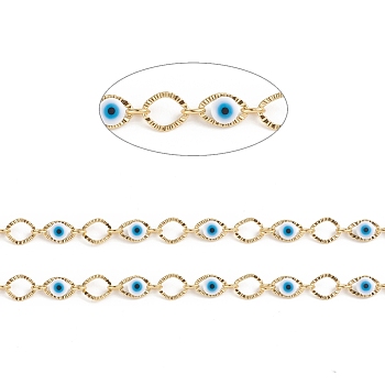 Handmade Brass Oval Link Chains, with Evil Eye Plastic Beads and Spool, Soldered, Long-Lasting Plated, Golden, 9.5x6.5x3mm, about 32.8 Feet(10m)/roll