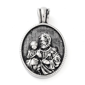 304 Stainless Steel Pendants, Oval with Saint Charm, Antique Silver, 42x26x5.8mm, Hole: 5.2mm