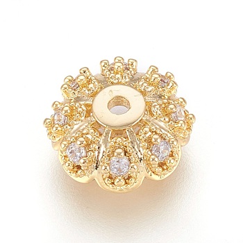 Multi-Petal Brass Micro Pave Cubic Zirconia Bead Caps, Flower, Clear, Real 18K Gold Plated, 10x4mm, Hole: 1.2mm