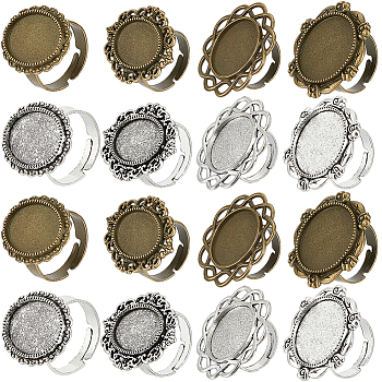 16Pcs 8 Style Adjustable Alloy Finger Rings Components, Bezel Cup Ring Settings, Oval & Flower, Antique Silver & Antique Bronze, Inner Diameter: 17~17.3mm, Tray: 18~20x13~20mm, 2Pcs/color