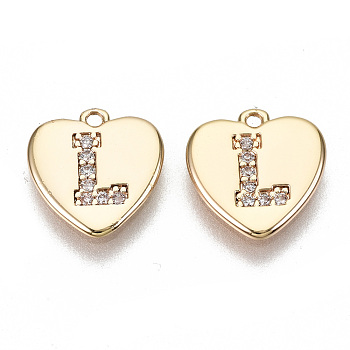Brass Micro Pave Clear Cubic Zirconia Charms, Nickel Free, Real 18K Gold Plated, Flat Heart, Letter.L, 10x10x1mm, Hole: 1mm