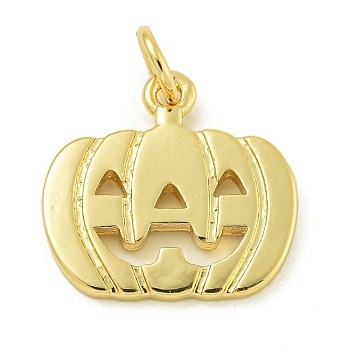 Halloween Theme Rack Plating Brass Pendants, with Jump Ring, Long-Lasting Plated, Lead Free & Cadmium Free, Real 18K Gold Plated, Pumpkin, 15x15.5x1.5mm, Hole: 3.5mm