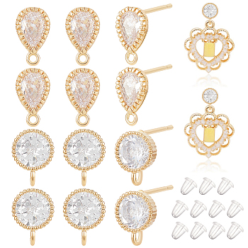 12Pcs 2 Style Flat Round & Teardrop Brass Cubic Zirconia Stud Earring Findings, with Loops and 20Pcs Plastic Ear Nuts, Real 18K Gold Plated, 9.5x5~7mm, Hole: 1~1.4mm, Pin: 0.8~0.9mm, 6Pcs/style
