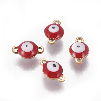 Ion Plating(IP) 304 Stainless Steel Enamel Links connectors, Flat Round with Evil Eye, Golden, FireBrick, 9.5x6x3.5mm, Hole: 1.2mm