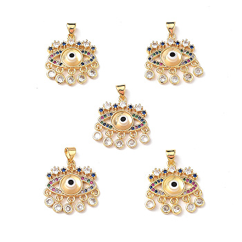 Lampwork Evil Eye Pendants with Colorful Cubic Zirconia, Real 18K Gold Plated Brass Findings, Lead Free & Cadmium free, Clear, 27x22.5x4.5mm, Hole: 4x3.5mm