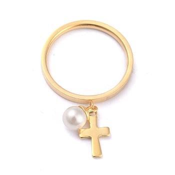 Dual-use Items, 304 Stainless Steel Finger Rings or Pendants, with Plastic Round Beads, Cross, White, Golden, US Size 5~9(15.7~18.9mm)