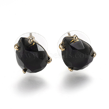 Natural Obsidian Stud Earrings, with Golden Tone Brass Findings, Faceted Teardrop, 13.5~14x10.5mm, Pin: 0.8mm(X-EJEW-L196-03G)