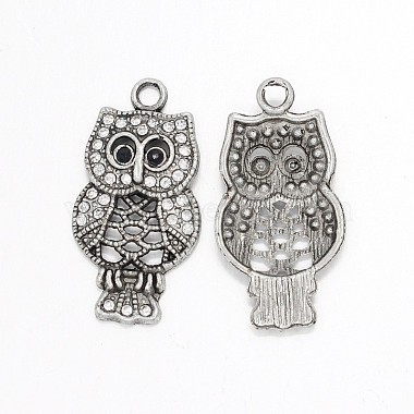 Antique Silver Owl Alloy + Rhinestone Pendants