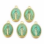Brass Enamel Pendants, Long-Lasting Plated, Oval with Saint, Golden, Turquoise, 19.5x12x2mm, Hole: 1.5mm(KK-S345-179-T)
