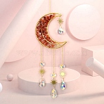 Copper Wire Wrapped Natural Carnelian Chips & Metal Moon with Tree of Life Pendant Decorations, Hanging Suncatchers, with Glass Teardrop Pendant, 50x11cm(PW23111635558)