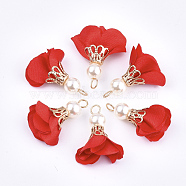 Iron Pendants, with Cloth and ABS Plastic Imitation Pearl, Flower, Golden, Red, 25~32x15~25mm, Hole: 1~4mm(FIND-T033-07K)