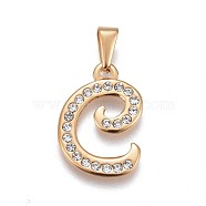 304 Stainless Steel Pendants, with Rhinestone, Letter, Letter.C, 23x16x2mm, Hole: 3~3.5x7.5~8mm(STAS-F202-16G-C)