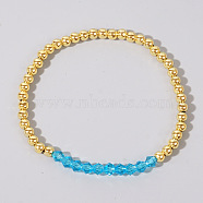 Colorful Birthstone Faceted Bicone & Brass Beaded Stretch Bracelets for Women, Deep Sky Blue, 6-7/8 inch(17.5cm)(RJ7989-3)