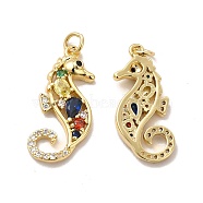 Rack Plating Eco-Friendly Brass Micro Pave Cubic Zirconia Pendants, with Jump Ring, Long-Lasting Plated, Lead Free & Cadmium Free, Sea Horse Charm, Real 18K Gold Plated, 26.5x11x3.5mm, Hole: 3.5mm(KK-A177-18G)